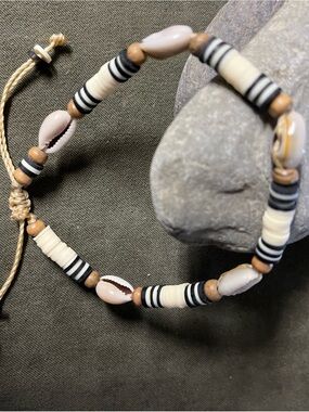 Shell & Bead Adjustable Anklet or Bracelet in Cream, Black, Tan